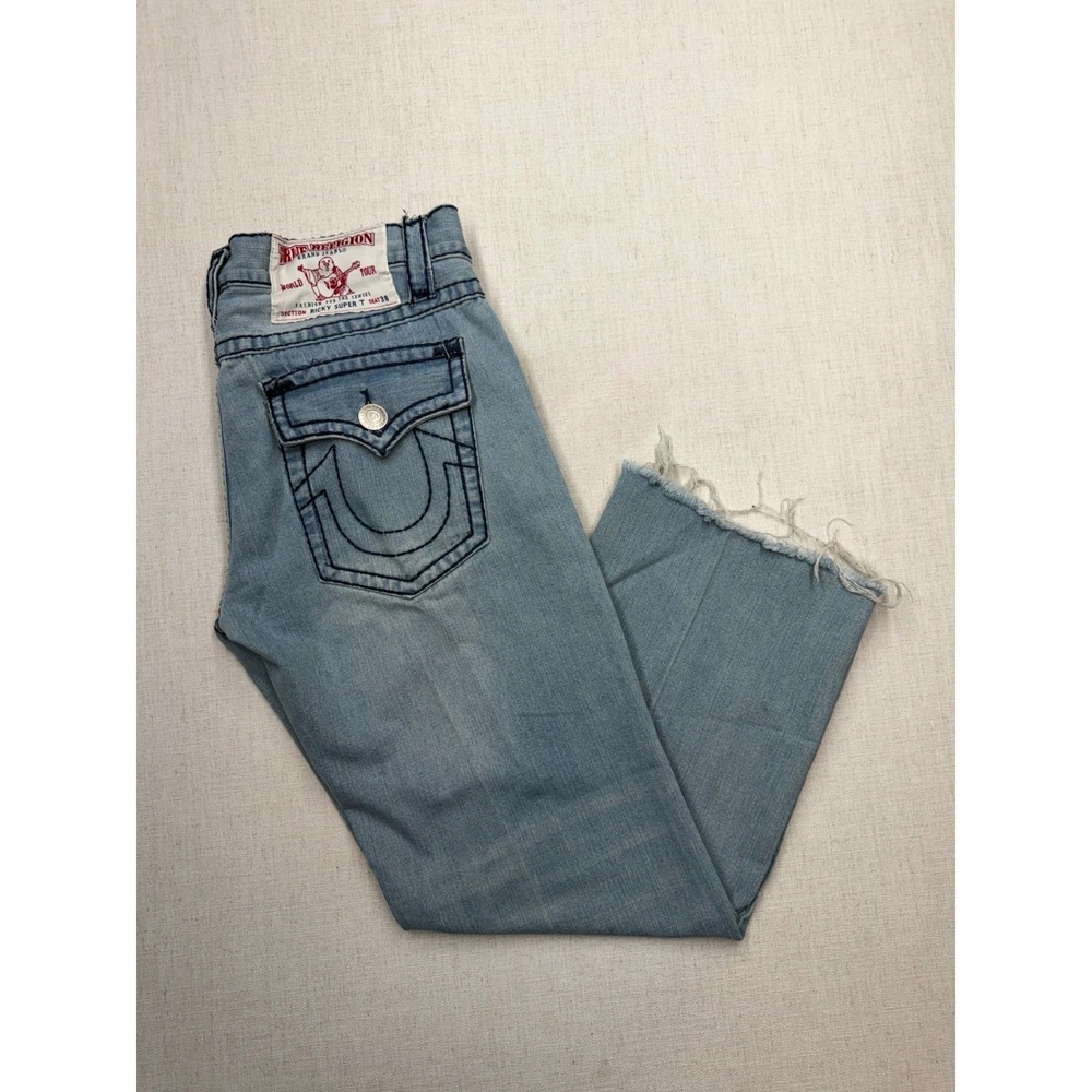 True Religion Ricky Super T Jeans Mens 38 Light Wash Straight Raw Hem Made in US